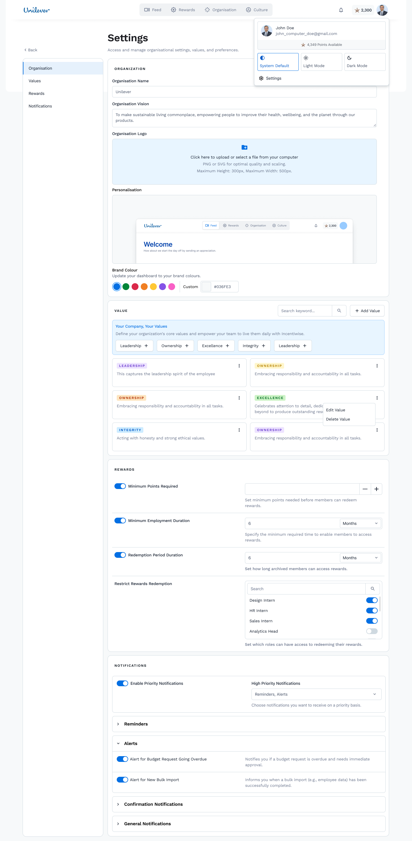 Incentiwise — Organisation settings