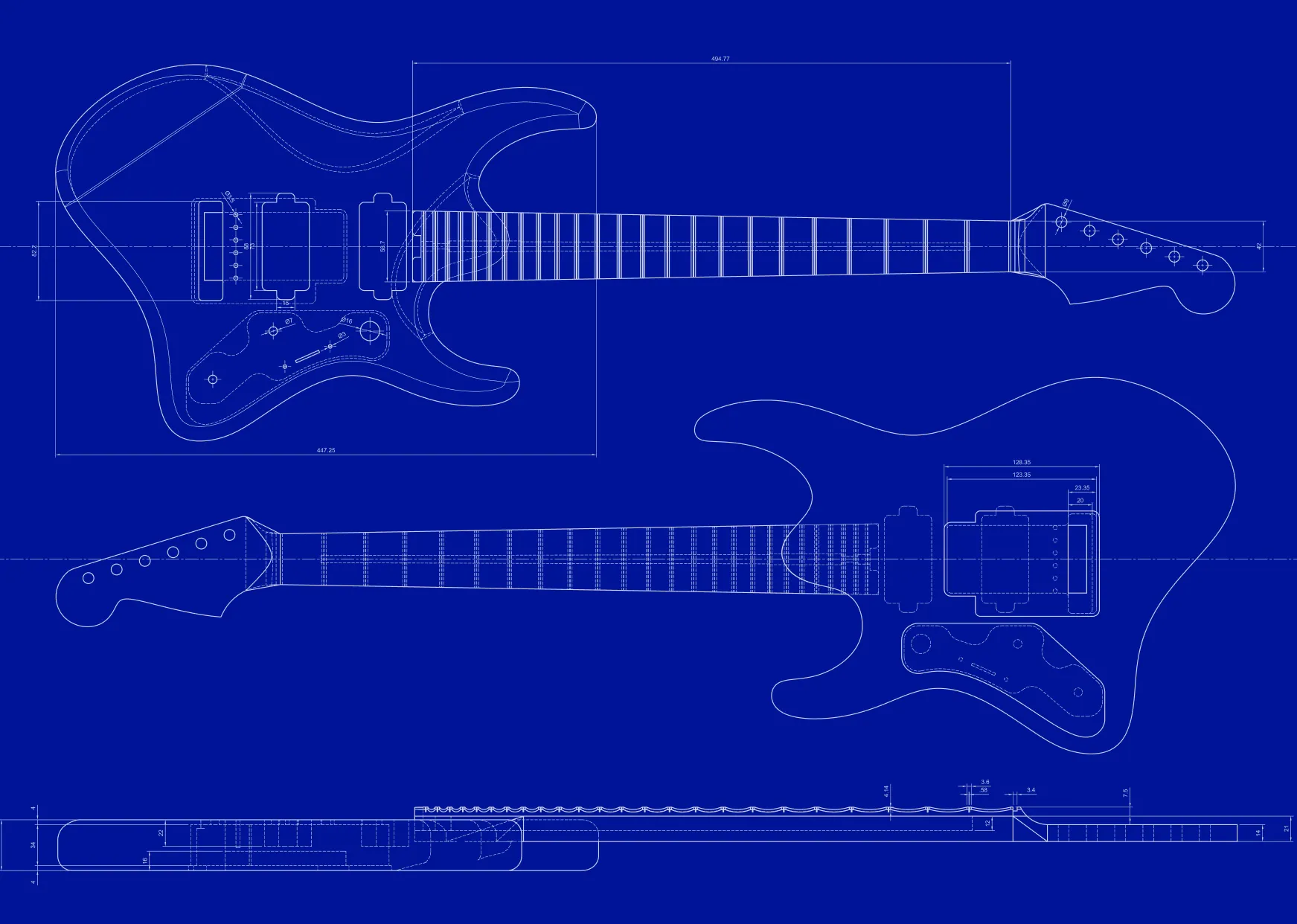 Technical drawing of Solic Arc in white lines on blue: front and rear views with dimensions, and a side section of the neck showing the scalloped fretboard.