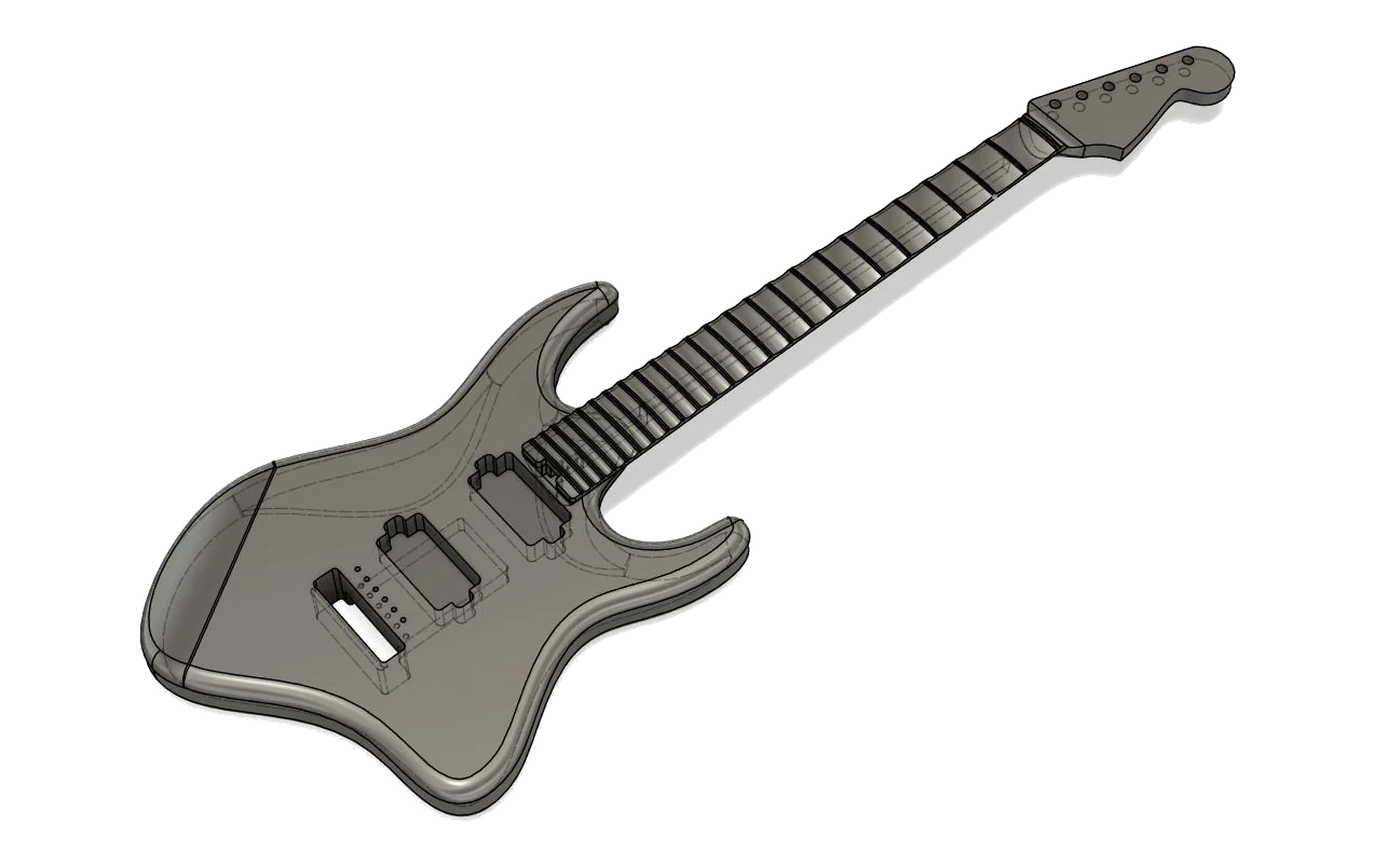 Solid body and neck with pickup cavities, in perspective.