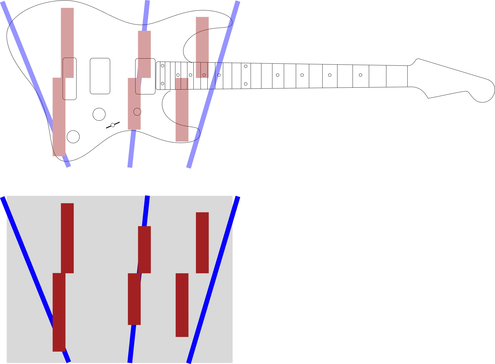 My outline with blue axes and red extrema columns drawn over it, and the same framework extracted below.