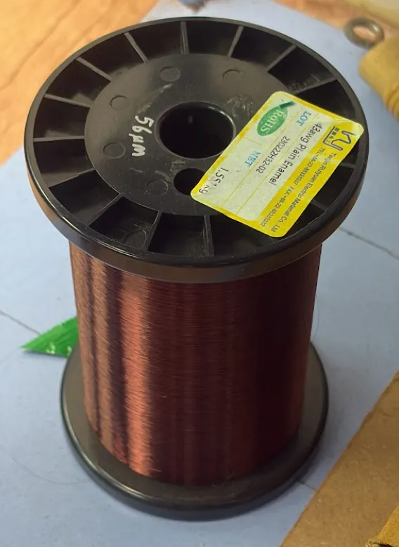 Wire: 43 AWG enamelled copper, as labelled on the spool.