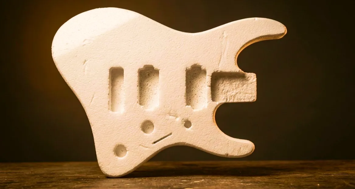 The favoured thermocol prototype, lit warmly against a dark background.