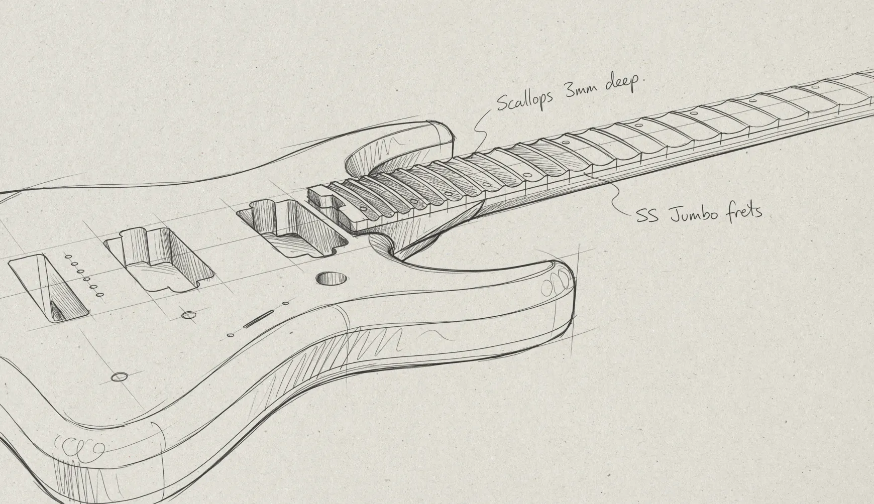 Pencil sketch: scalloped fretboard.